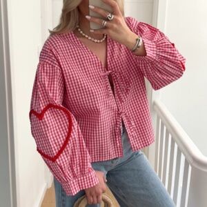 Gingham front tie blouse